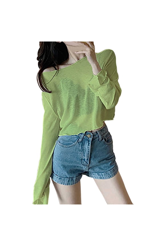 Off Shoulder Crop Tops for Women Workout Gym Dance Mesh Top Summer Top Loose Casual Long Sleeves Solid Color T Shirt