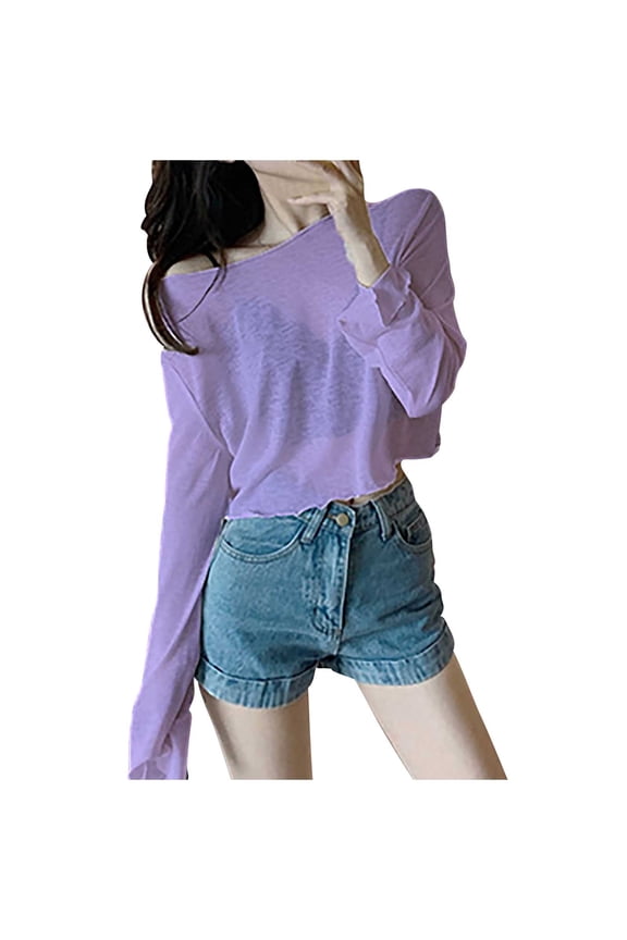 Off Shoulder Crop Tops for Women Workout Gym Dance Mesh Top Summer Top Loose Casual Long Sleeves Solid Color T Shirt