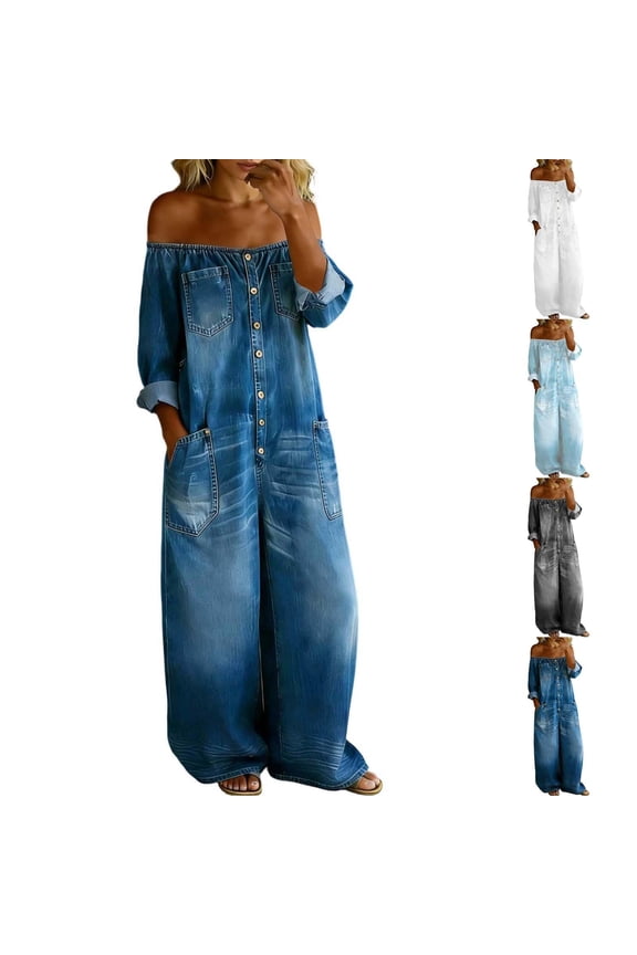 Off-Shoulder Denim Jumpsuit for Women, Long Sleeve Button Front Wide Leg Romper with Pockets - Washed Casual Playsuit Gray M