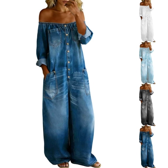Off-Shoulder Denim Jumpsuit for Women, Long Sleeve Button Front Wide Leg Romper with Pockets - Washed Casual Playsuit Gray S