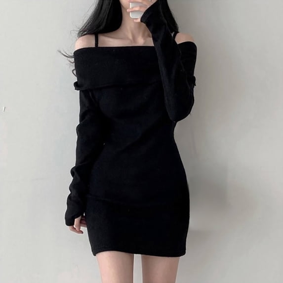 Off Shoulder Dress, Ribbed Knit Bodycon Mini Dress, Casual Winter Dress with Lapel and Adjustable Straps