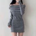 thumbnail image 1 of Off Shoulder Dress, Ribbed Knit Bodycon Mini Dress, Casual Winter Dress with Lapel and Adjustable Straps, 1 of 9