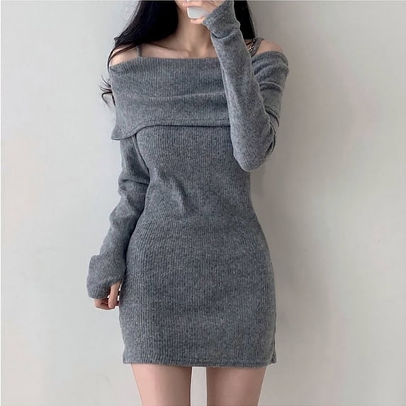 Off Shoulder Dress, Ribbed Knit Bodycon Mini Dress, Casual Winter Dress with Lapel and Adjustable Straps