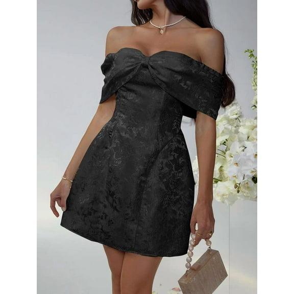 Off-Shoulder Dress with Bow Detail (M, Black)