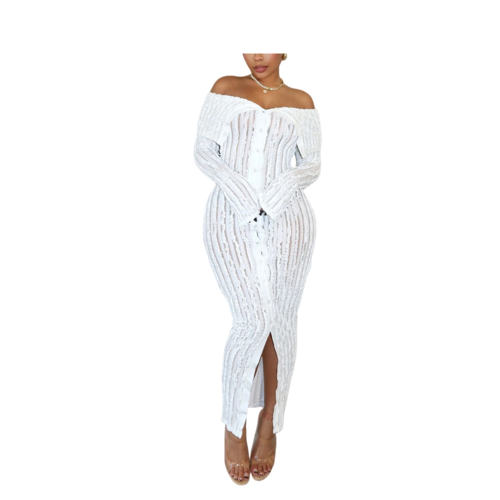 Off-Shoulder Elegant Wave-Texture Long-Sleeve Bodycon Dress for Modern ...