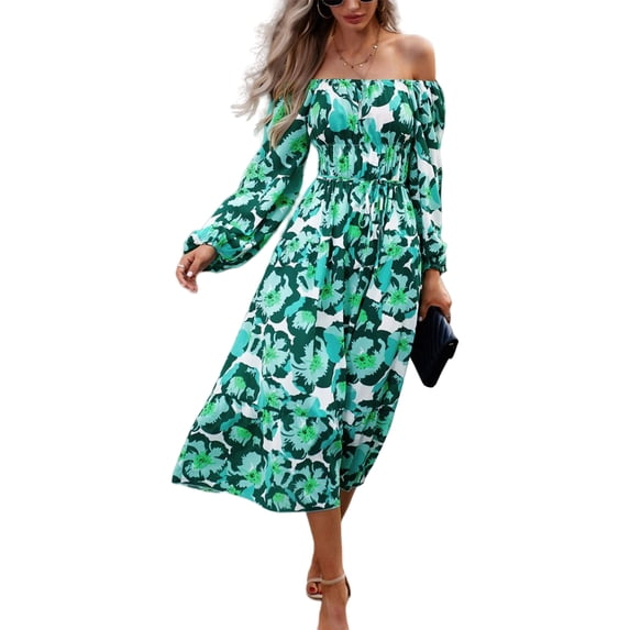 Off-Shoulder Floral Print Pocket Dress for Women Mid-Calf Length Green Medium
