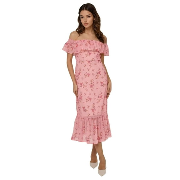 Off Shoulder Flower Pattern Bodycon Midi Dress