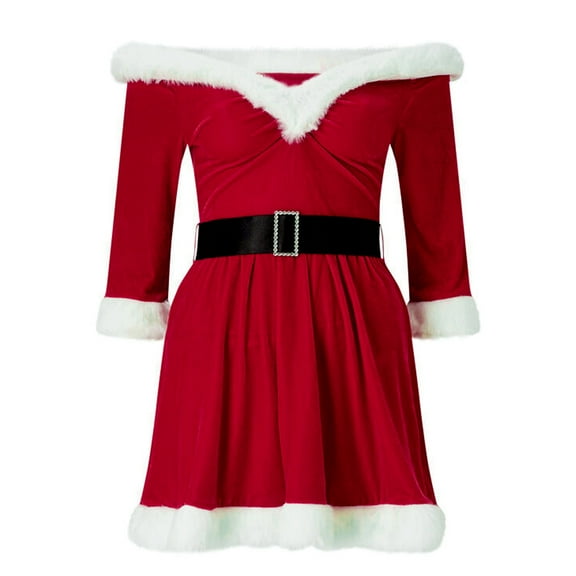 Off Shoulder Fuzzy Trim Dress for Women Short Sleeve Christmas Mini Dress