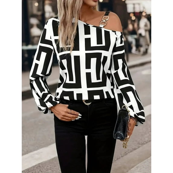 Off Shoulder Geometric Print Lon sleeve Top (MultiBlack, M)