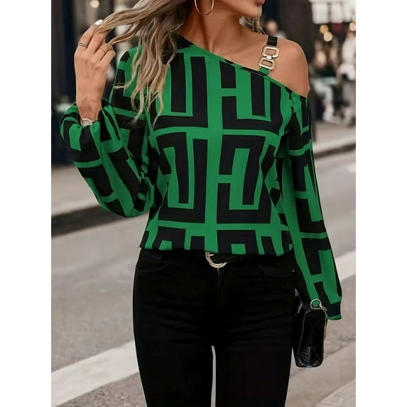 Off Shoulder Geometric Print Lon sleeve Top (MultiGreen, L)