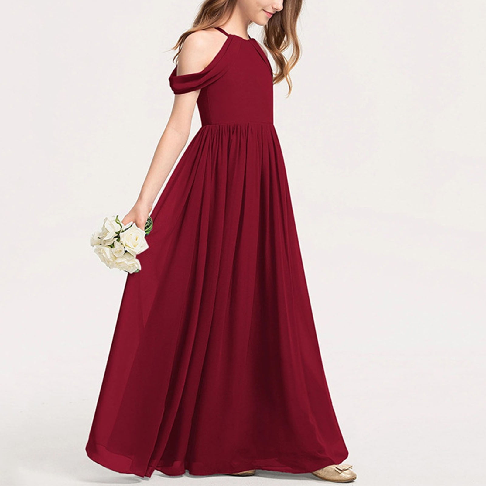 Off Shoulder Junior Bridesmaid Dresses Flower Girl Dresses Formal Dress for Teen Girls Wedding A-line Chiffon Pageant Gown
