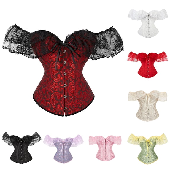 Off Shoulder Lace Sleeve Jacquard Corset Tops for Women, Sweetheart Boned Bustier, Gothic Party Outfit, Halloween Cosplay Costume (Beige,M)