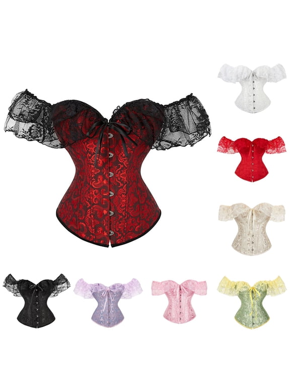 Off Shoulder Lace Sleeve Jacquard Corset Tops for Women, Sweetheart Boned Bustier, Gothic Party Outfit, Halloween Cosplay Costume (Pink,M)