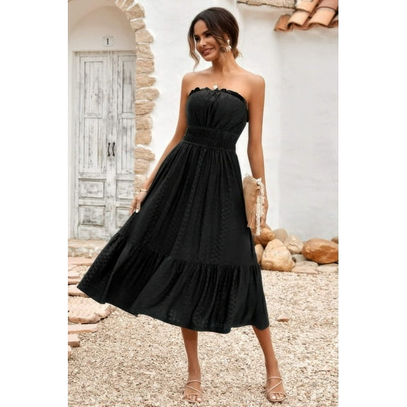 Off Shoulder Lace Trim Strapless Tube A Line Dress