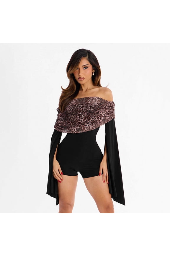 Off-Shoulder Leopard Print Cape Jumpsuit