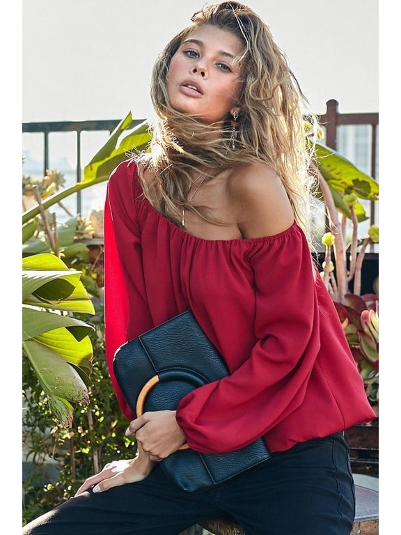 Off Shoulder Long Bubble Sleeve Solid Top