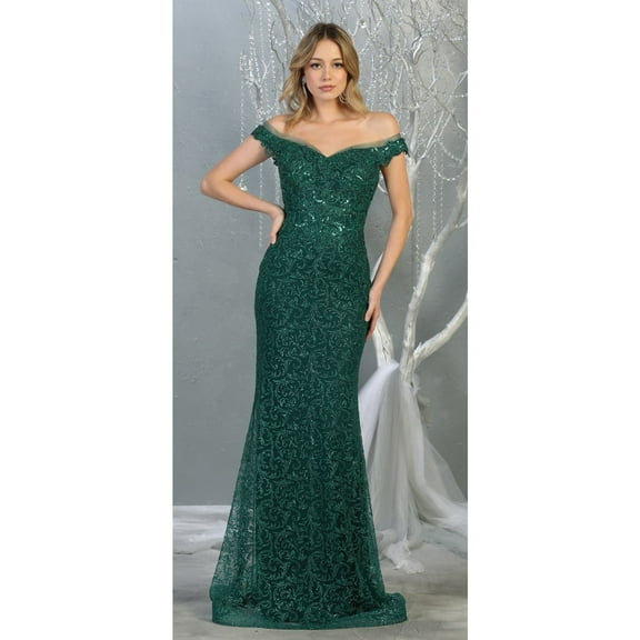 Women's Royal Blue Queen Off Shoulder Trumpet Gown Glitter Formal Dress RQ7879-New Collection Hunter Green 20