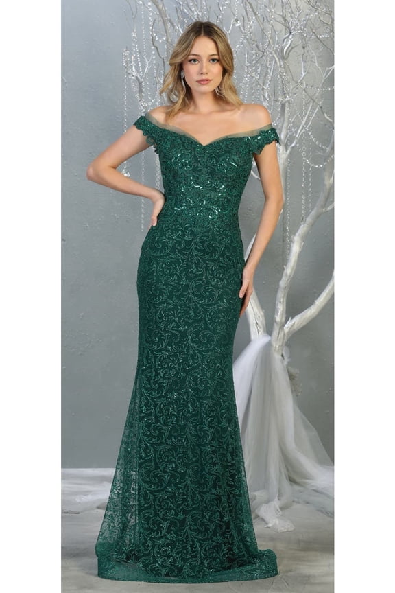 Women's Royal Blue Queen Off Shoulder Trumpet Gown Glitter Formal Dress RQ7879-New Collection Hunter Green 20