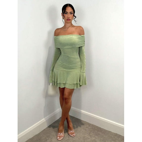 Off Shoulder Long Sleeve Bodycon Mini Dress with Flare Sleeves and ...