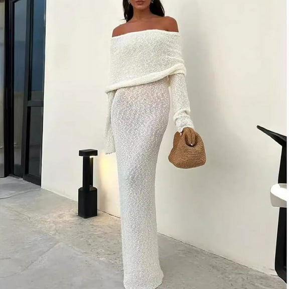Off Shoulder Long Sleeve Dress (L, White)