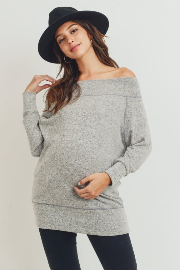 Off Shoulder Long Sleeve Maternity Solid Knit Tunic Top