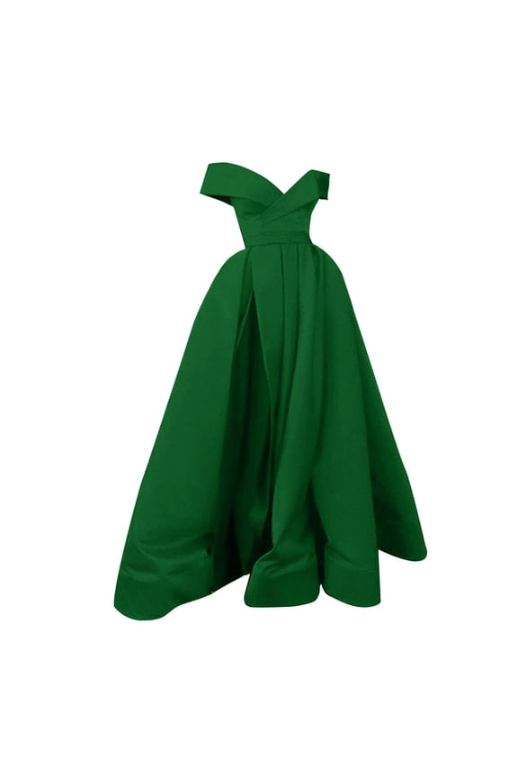 Off Shoulder Long Slit Prom Dresses A-Line Satin Formal Evening Party Gowns with Pockets