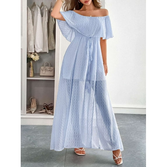 Off-Shoulder Maxi Dress with Textured Detailing (M, Blue)