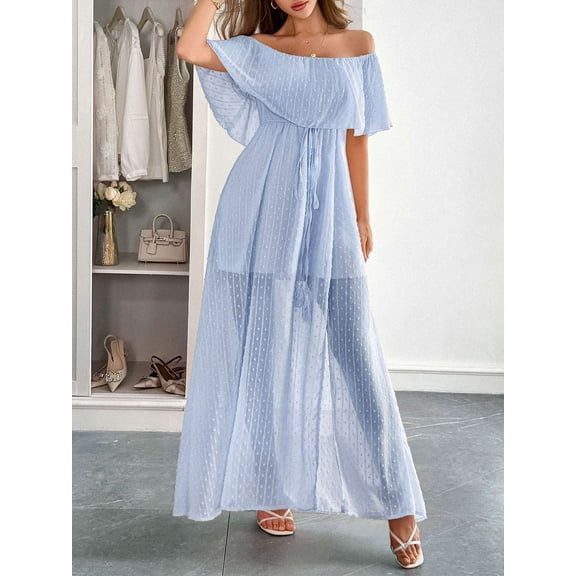 Off-Shoulder Maxi Dress with Textured Detailing (S, Blue)