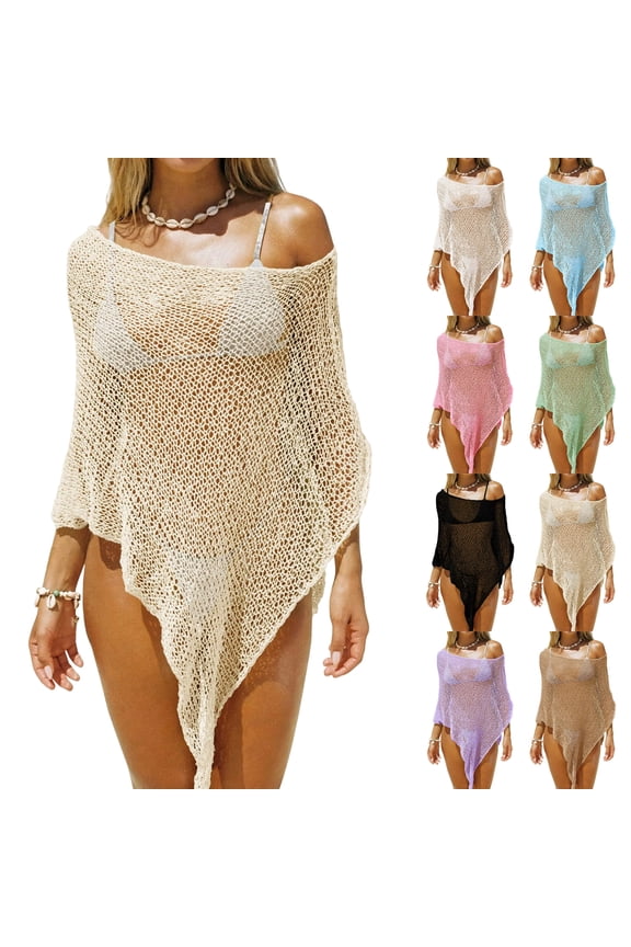 Off Shoulder Open Knit Poncho for Women, Sheer Mesh Cape Cover Up - Boho Pointed Hem Beach Tunic Top Purple