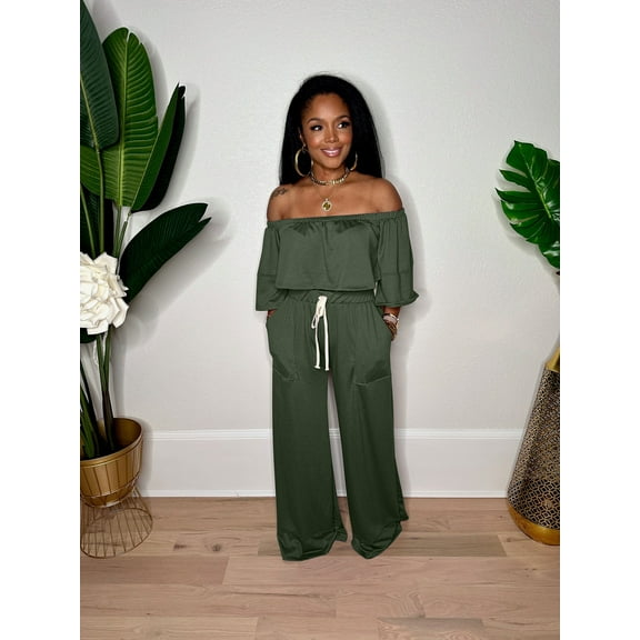 Off-Shoulder Pants & Crop Top Set (S, ArmyGreen)