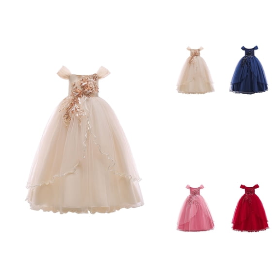 Off-Shoulder Princess Dress for Girls – Long Embroidered Flower Girl Bridesmaid Dress for Wedding, Birthday, Communion, Party & Prom