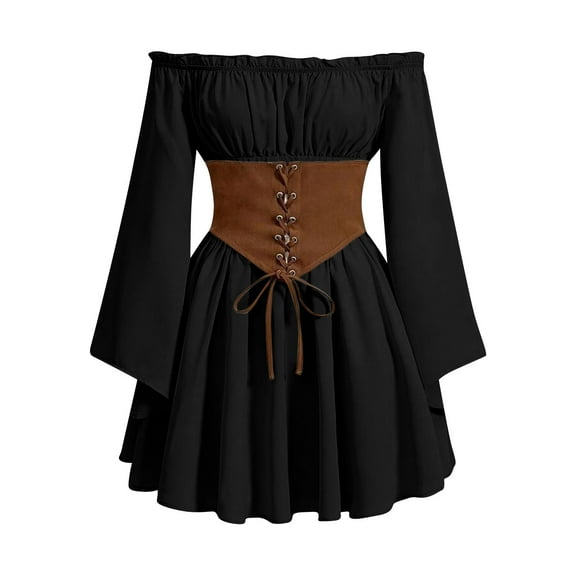 Off Shoulder Renaissance Dress for Women Lace Up Corset Short Sleeve Dresses Medieval Peasant Costume