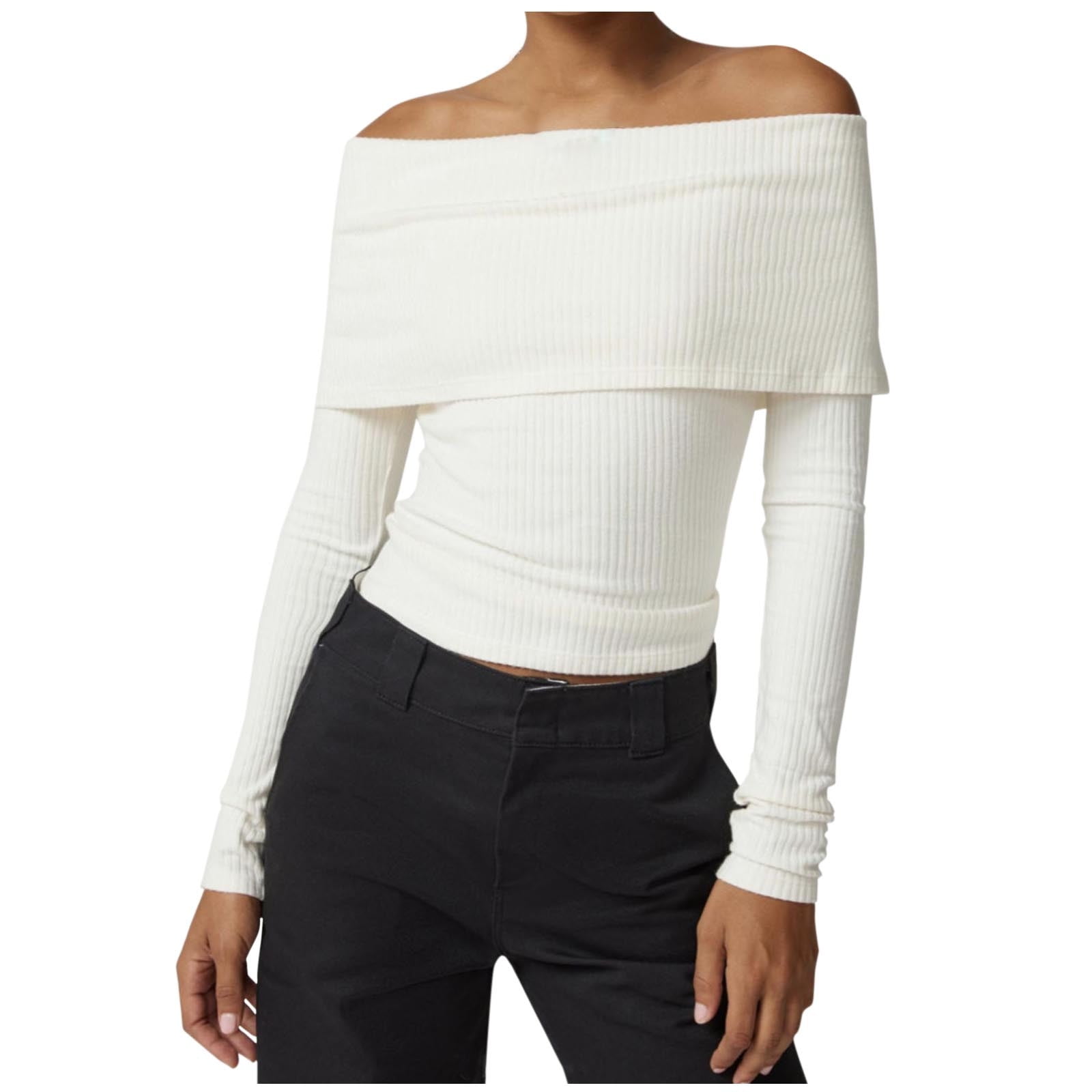 Off Shoulder Ribbed Knit Sweater for Women Long Sleeve Ladies