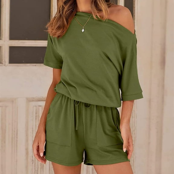 Off Shoulder Rompers for Women Casual Tie Elastic Waist Short Jumpsuit with Pocket Half Sleeve Wide Leg Comfy Outfits, Army Green, XXL