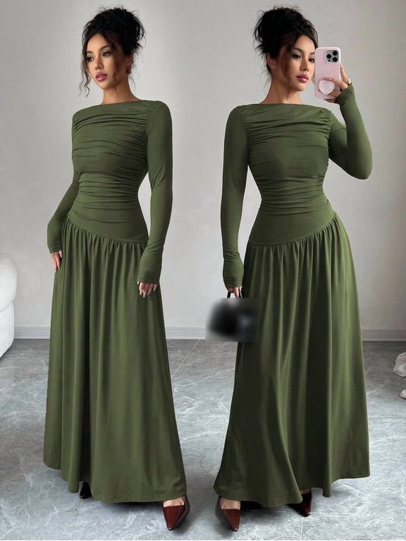 Off Shoulder Ruched Waist A-Line Maxi Dress for Women Long Sleeve Fitted Stretch Knit Party