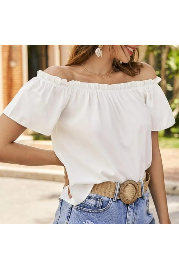 Off-Shoulder Ruffle Blouse - Summer Pleated Peasant Top with Elastic Neckline - Flowy Boho Chic Shirt for Beach, Date Night & Vacation, Limited Time Offer