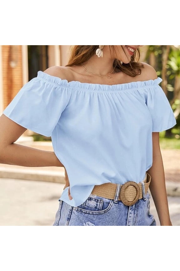 Off-Shoulder Ruffle Blouse - Summer Pleated Peasant Top with Elastic Neckline - Flowy Boho Chic Shirt for Beach, Date Night & Vacation, Limited Time Offer