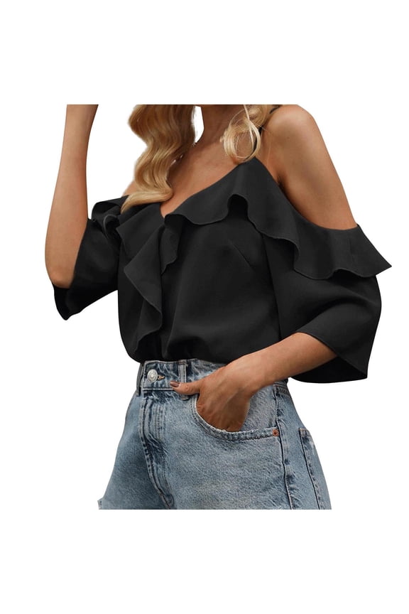 Off Shoulder Ruffle Blouse for Women Dressy Casual 3/4 Sleeve Spaghetti Straps Tops Flowy Summer Shirts