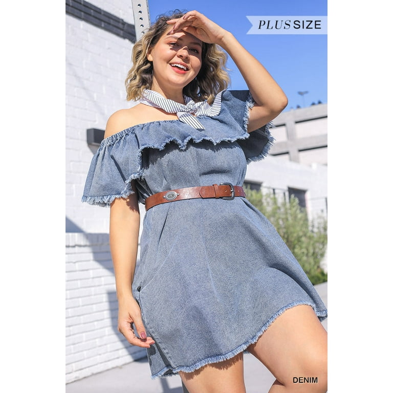 Off Shoulder Ruffled Denim Dress With Frayed Hem Pockets