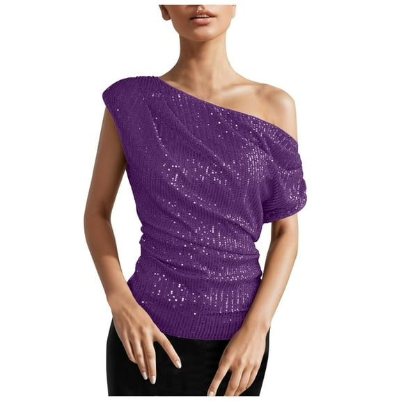 Off Shoulder Sequin Tops for Women Mardi Gras Glitter Short Sleeve Ruched Asymmetrical Shirts Dressy Casual Party Business Work Blouses