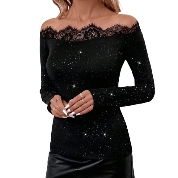 Off Shoulder Shirts for Women Sequin Long Sleeve Shiny Slim Fit Tees Sexy Lace Trim Blouses for Party Club