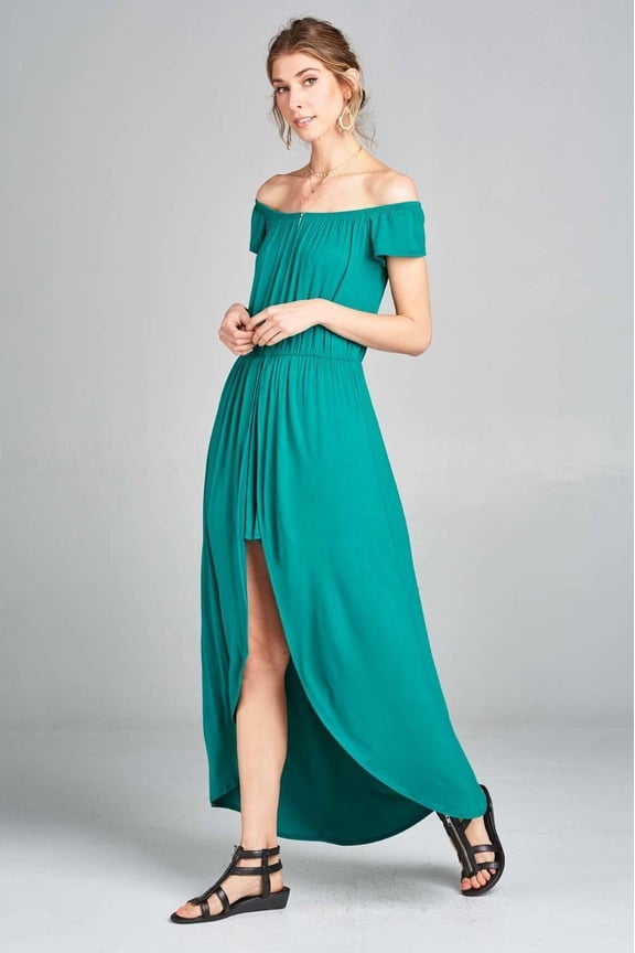 Off Shoulder Solid Jersey Romper Maxi Emerald ' M