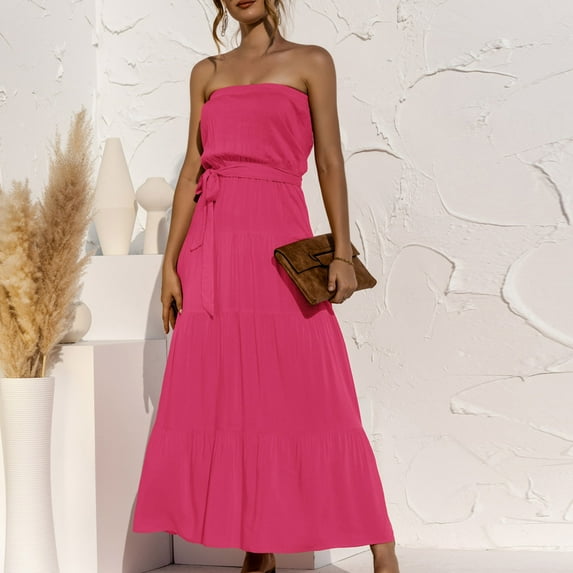 Off Shoulder Strapless Sleeveless Dress Solid Color Summer Party Coverup Flowy Maxi Dress Hot Pink Size XL