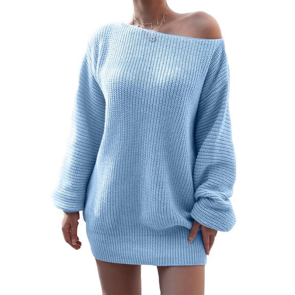 Off Shoulder Sweater Dress, Solid Color Long Sleeve Knit Tunic Dress, Casual Chic Winter Dress for Date Night, Holiday & Weekend Sky Blue S