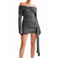 thumbnail image 1 of Off Shoulder Sweater Dress for Women Long Sleeve Irregular Lace Up Sexy- Short Knit Dresses Grey L, 1 of 7
