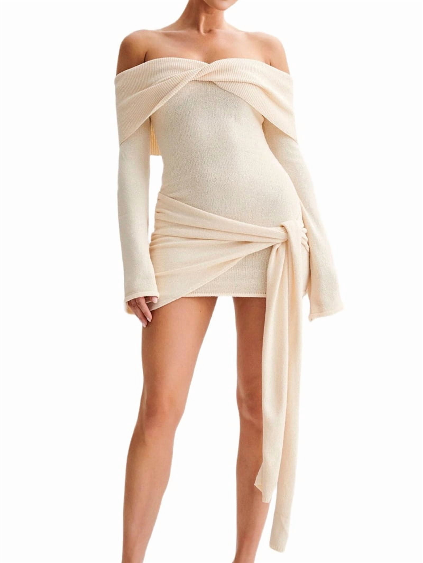 Off Shoulder Sweater Dress for Women Long Sleeve Irregular Lace Up Sexy-  Short Knit Dresses Grey M - Walmart.com