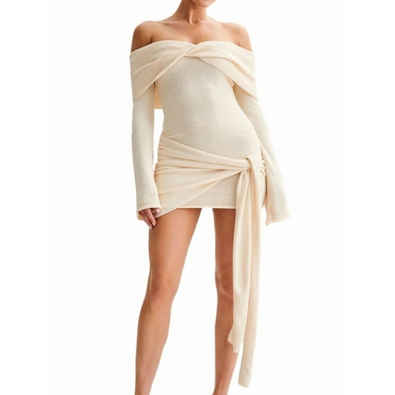 Off Shoulder Sweater Dress for Women Long Sleeve Irregular Lace Up Sexy- Short Knit Dresses Milky L