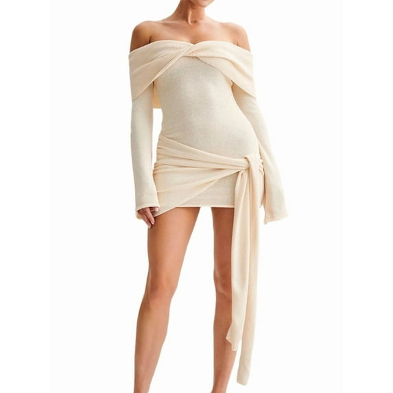 Off Shoulder Sweater Dress for Women Long Sleeve Irregular Lace Up Sexy- Short Knit Dresses Milky L