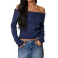 thumbnail image 1 of Off-Shoulder Sweater for Women 2025 Fall Fashion Cute Long Sleeve Winter Ribbed Pullover Knit Outfits Dark Blue S, 1 of 7