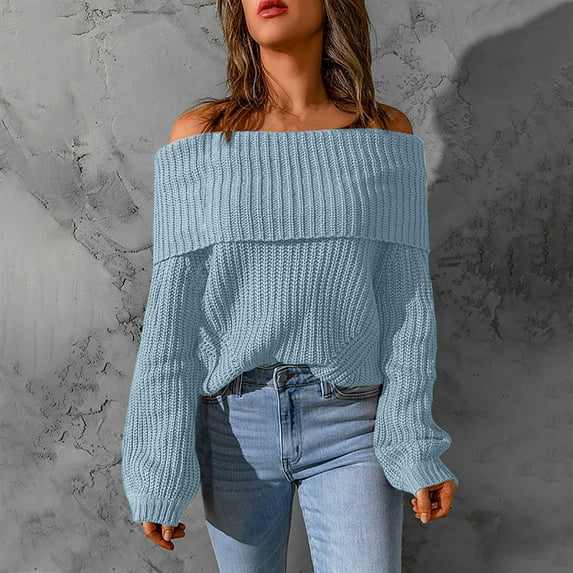 Off Shoulder Sweaters for Women Fall Casual Pullover Long Sleeve Elegant Blouses Knitted Solid Jumper Top